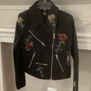 NWT, LULUS ROCK N ROSE EMBROIDERED BLACK VEGAN LEATHER JACKET, S